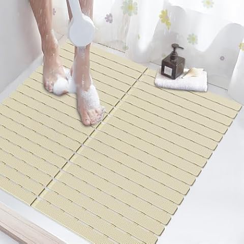 Shower Mat Non Slip Square, Anti Slip Bath Mat for Tub, Non-Slip Bathtub Mat with Drain Holes, Bathroom Mat Quick Dry, 24.8 * 24.8 Inch, Light Brown Cover