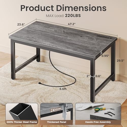 Image of Huuger 48 x 24 inch Desk with Power Outlets & USB-C, Deeper & Thicker Desktop, Robust Metal Tubes, Computer Desk, Heavy Duty Office Desk, Work Gaming Desk for Home Office, Grey