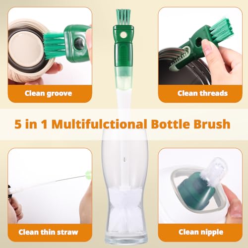 Image of OUTXE 5 Pack Bottle Brush Set, 5-in-1 Multifunctional Water Bottle Cleaning Brush 2 Pack, with Nipple Brush, Detail Brush for Cup Lid Gap, 12 inch 10 inch 8 inch Straw Brush for Stanley Yeti