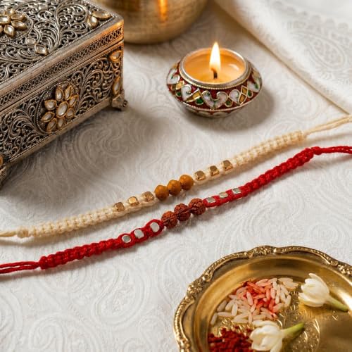 Image of Rakhi Set of 2 for Brother | Premium Rudraksha & Chandan Rakhi with Kundan Stone Designer Thread | Traditional Handmade Rakhi for Bhai, Brother, Bhaiya | Greeting Card Included | Multicolor