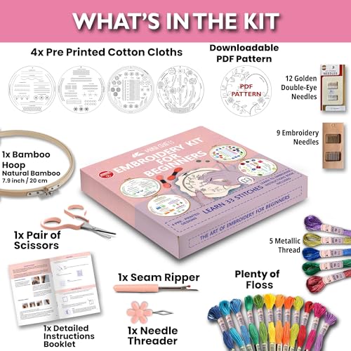 Image of Moni Crafts Embroidery Kit for Beginners - DIY Hand Embroidery Set for Adults with 4 Stamped Patterns, Hoop, Threads, Needles and Step-by-Step Stitch Guide to Learn 33 Stitches