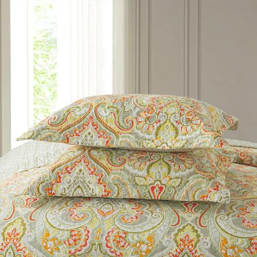 NEWLAKE Cotton Bedspread Quilt Sets-Reversible Patchwork Coverlet Set, European Beige Floral Pattern, Queen Size