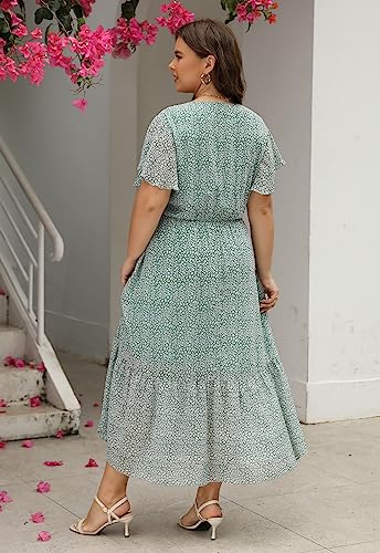 Image of Nemidor Plus Size Women Casual Maxi Dresses Print Bobo Belted Layered Chiffon Summer Long Dress with Ruffle Sleeve