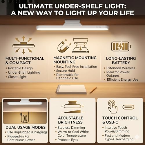 Image of Desk Light | USB Rechargeable Magnetic Cabinet Light | LED Under Cabinet Lamp with 3-Color Dimmable Modes, Adjustable Angle and Brightness for Cupboard, Closet, Makeup Mirror (1 Psc)