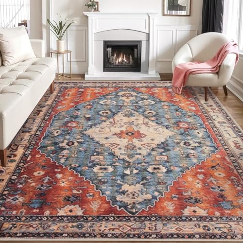 SERISSA Boho Tribal 8x10 Area Rugs, Washable Vintage Large Living Room Rug Non-Slip, Ultra Soft Oriental Print Distressed Farmhouse Carpet for Dining Room Bedroom Dorm Office Home Decor