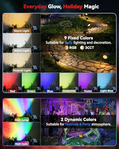 Image of Focusing Solar Spot Lights Outdoor Waterproof, RGB+3CCT Tree Uplights 8Pack | Multicolor Focused Lens Spotlight, Dusk-to-dawn Light, Stake or Wall Mounting for Yard Landscape Garden Path Halloween Decor