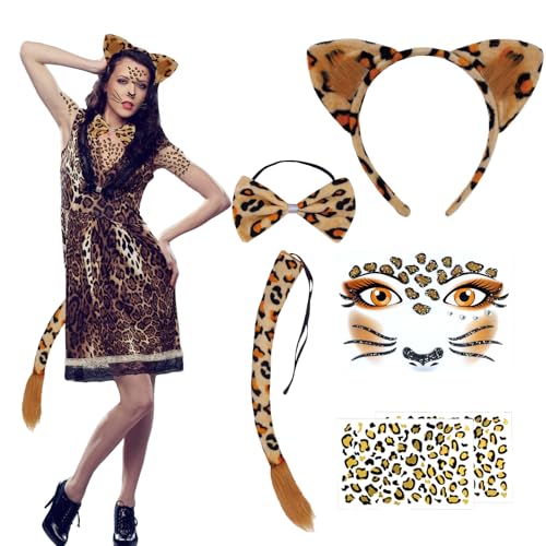 JINGTOPS 6 Stück Leopard Kostüm Set Leoparden Ohren Haarreif, Karneval Leoparden Kostüm Damen mit Leopard Gesichtstattoo, Fliege,Schwanz,...
