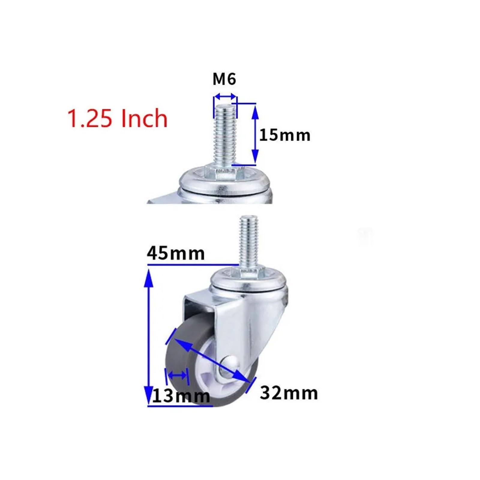 4 sztuki / zestaw kółek 3,17 cm szara śruba TPE, ciche koło M6, średnica 32 mm obrotowa