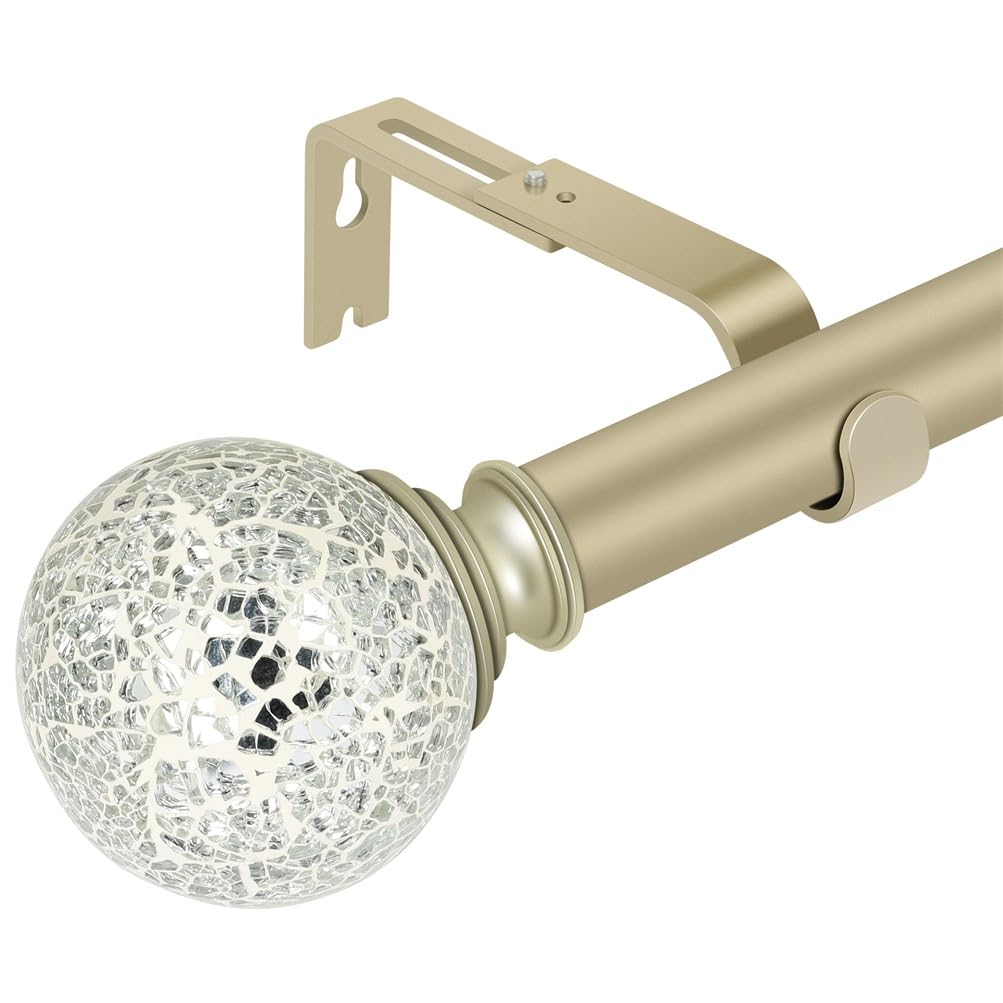 1 inch Single Window Curtain Rod with Mosaic Round Finial,72-144 inch,Champagne Gold