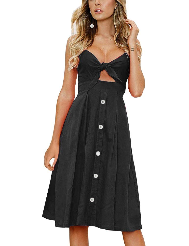 FANCYINN Vestidos elásticos Casuales para Mujer Correa de Espagueti Cuello en V Busto Fruncido Línea A Vestidos de Verano con Bolsillos