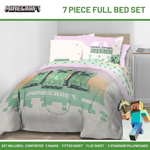Image of Minecraft Creeper Full Size Comforter Set 7 Piece Kids Bedding, Pink | Gaming, Bed in a Bag, Comforter Sheets Shams Pillowcases, Official Product, Soft Microfiber, Machine Washable, Girls Gift