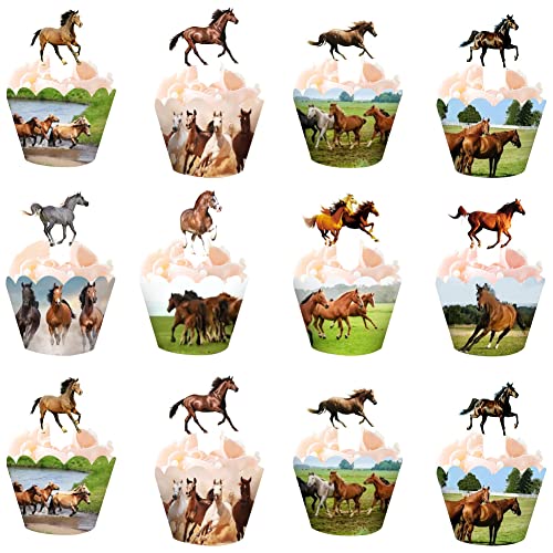 HGSHUO Muffin Deko Pferde Tortendeko Geburtstag Cupcake Topper Pferd Kuchen Deko Kindergeburtstag Cupcake Wrappers Muffin Torte Deko Western Cowgirl Geburtstagsparty Backbecher Papier Cover