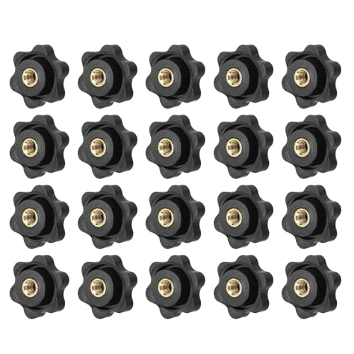 YELARXI クランプナットノブ プラスチックねじ込み式真鍮スターノブ ローレットM5メスネジ六角ヘッド、1インチヘッド直径芝刈り機ハンドル機械に適合(20個パック、ブラック)
