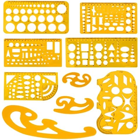 Pack of 9 Geometric Drawing Templates,Stencils Plastic Measuring Template Rulers,Multifunction Clear Yellow Shape Template for Drawing Engineering Drafting, School and Office Supplies Cover
