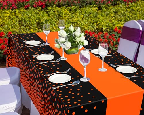 Image of Oudain 6 Pcs Black and Orange Plastic Tablecloth for Parties, Disposable Orange Polka Dot Tablecloths, Waterproof Rectangle Table Cover for Graduation Birthday Wedding Party Decorations, 54 inch x 108 inch