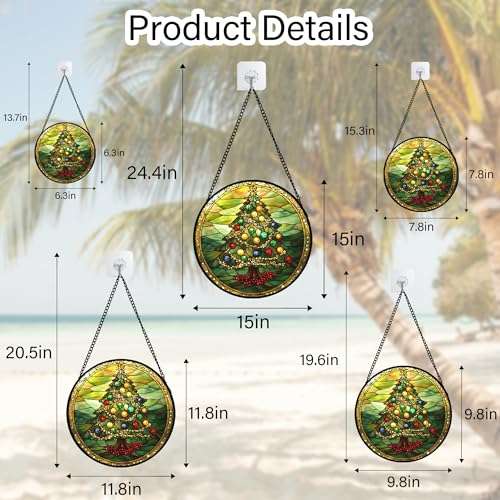 Image of DASTOLL Stained Glass Window Hanging - Green Christmas Tree Gold Ribbon Suncatcher for Doors Home Christmas Decoration Sun Catcher Thanksgiving New Year Birthday Gifts for Women Men Mom Nana 15 in