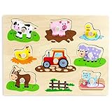 Professor Poplar’s Wooden Barnyard Peg Puzzle (8pcs.) - Wood Learning Puzzles for Toddlers and Kids, Animal Themed