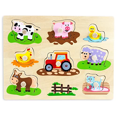 Professor Poplar’s Wooden Barnyard Peg Puzzle (8pcs.) - Wood Learning Puzzles for Toddlers and Kids, Animal Themed