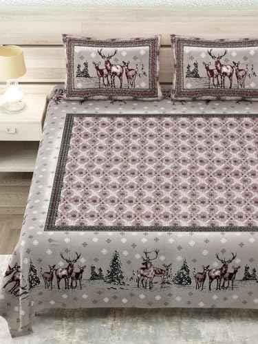Image of 240 TC 100% Cotton Bedsheet for Double Bed King Size with 2 Pillow Covers | Breathable & Super Soft Rajasthani Sanganeri Jaipuri Printed Bed Sheet -108 * 108 Inches (Deer 1)