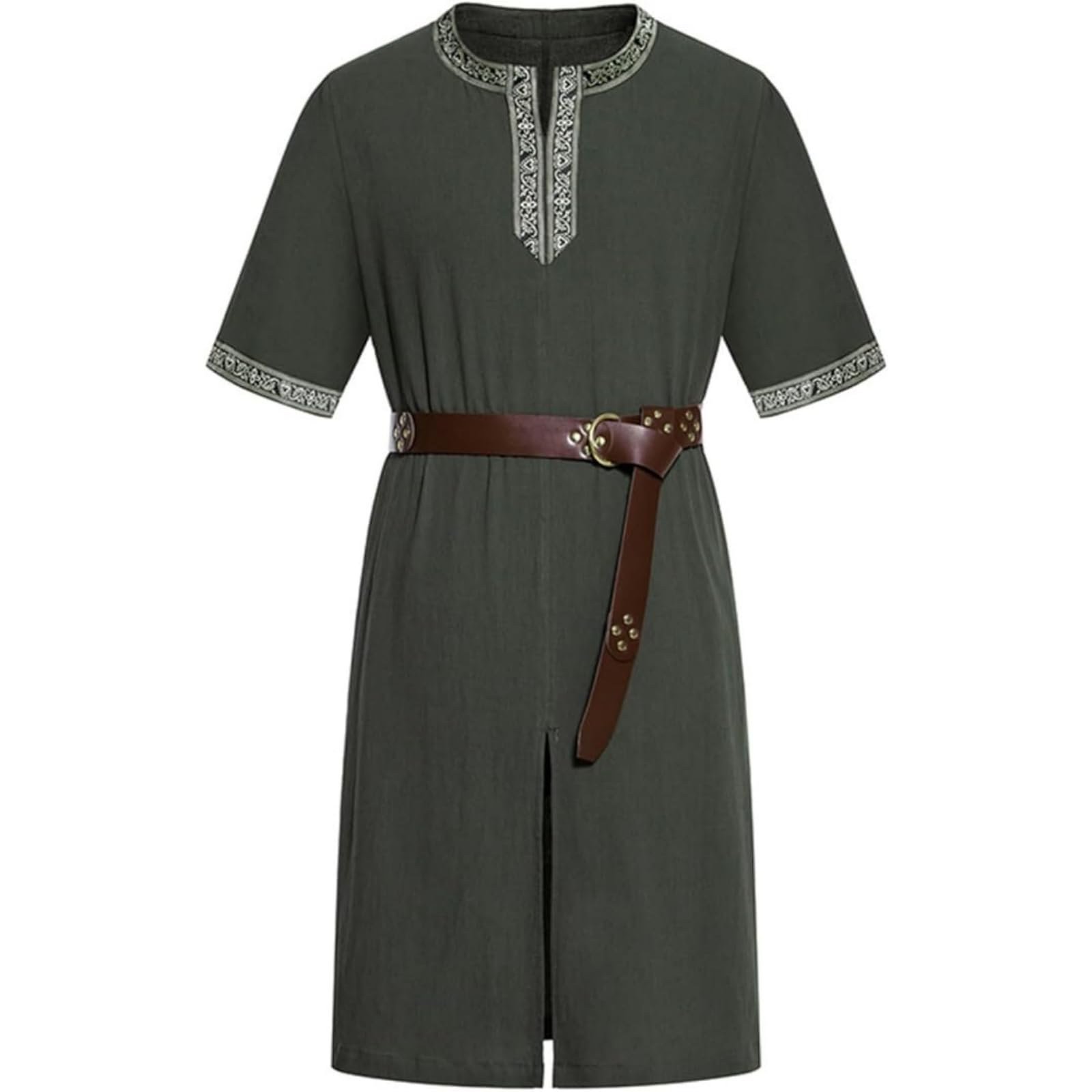HAPNBCELE Mens Medieval Tunic Costume with Belt, Renaissance Fair LARP Outfits Viking Knight Warrior Pirate Cosplay Halloween (L, Army Green)