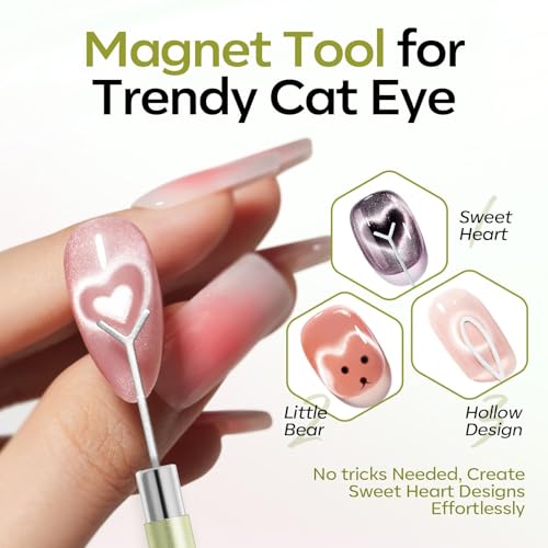 Image of modelones Cat Eye Magnet for Nails, 3-in-1 Green Cateye Gel Polish Magnet Pen & Heart-Shaped Magnet for Nail Art & Ball &Hole &Lightning Magnet, Multi-Effect Magnets for Nail Art Lovers DIY Salon