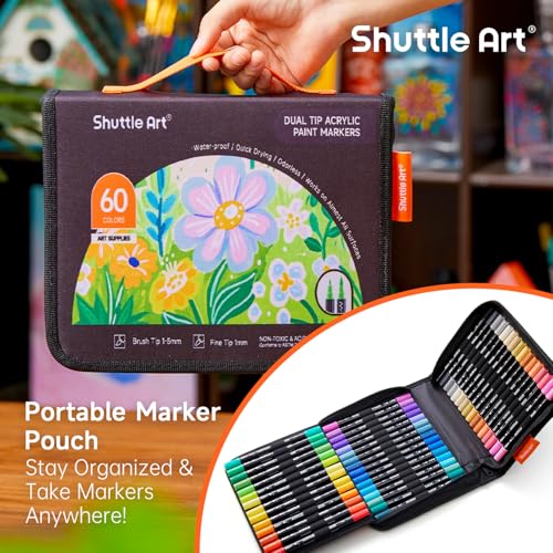 Image of Shuttle Art 60 Colors Dual Tip Acrylic Paint Markers, Brush Tip and Fine Tip Acrylic Paint Pens for Rock, Ceramic, Wood, Canvas, Plastic, Glass, Stone, Calligraphy, Card Making, DIY Crafts