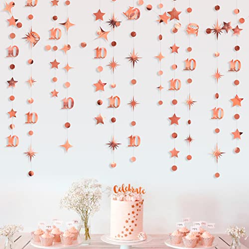 Image of Rose Gold 10th Birthday Decorations Number 10 Circle Dot Twinkle Star Garland Metallic Hanging Streamer Bunting Banner Backdrop for Girls Boys Ten Year Old Birthday 10th Anniversary Party Supplies