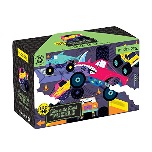 Mudpuppy Monster Trucks – 100 Piece Glow in The Dark Jigsaw Puzzle with an Exciting Scene of Trucks and Cars Racing and Hidden Speedy Details in The Dark