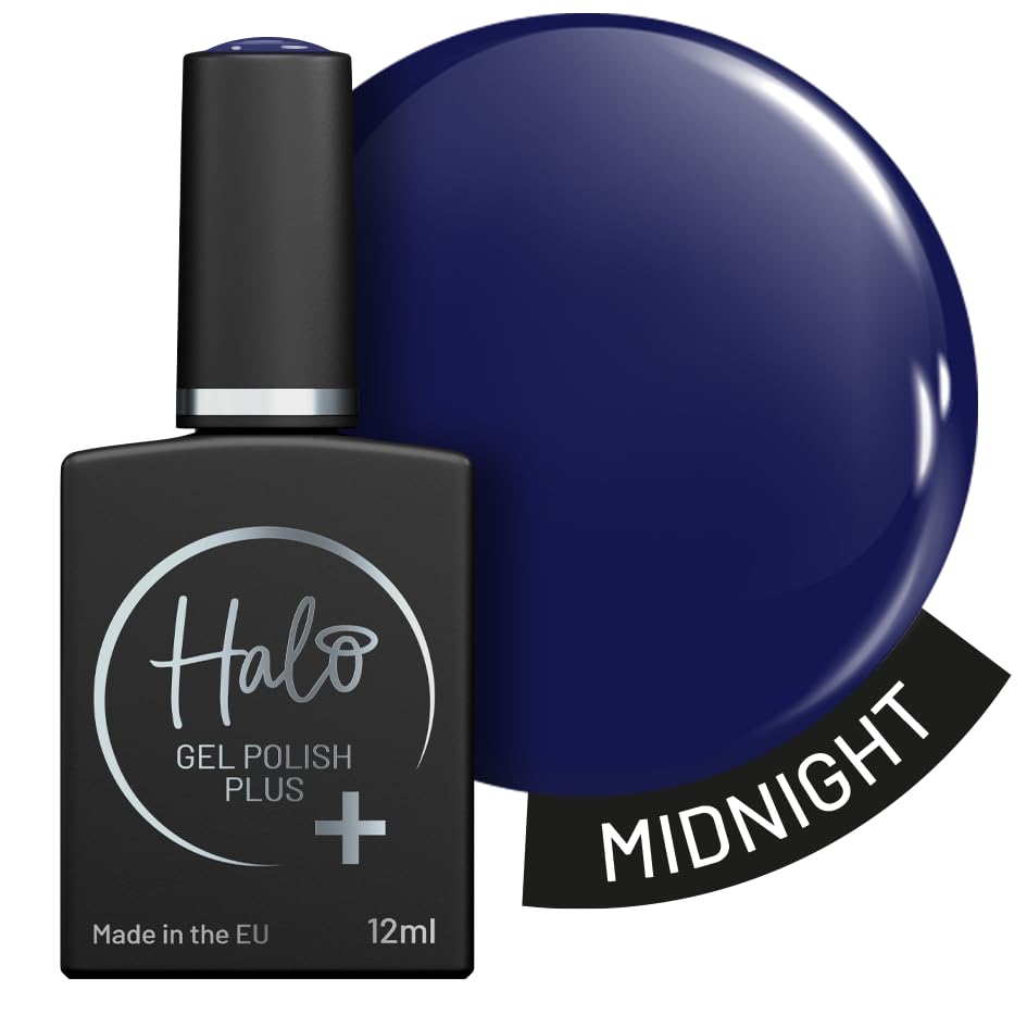 Halo Gel Polish Plus 12ml - Midnight. UV/LED Gel Nail Polish, Long Lasting & Easy To Apply. Nail Art Colours For Manicure & Pedicure. Hema Free Gel Polish For Professional & Home Use.