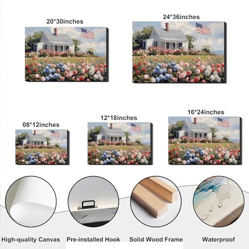 Image of RIBNTAK Patriotic American Flag & Floral Farmhouse Canvas Wall Art, 4th of July Coastal Cottage Pictures, Wildflower Landscape, Independence Day Wall Decor for Living Room, Kitchen, Made USA