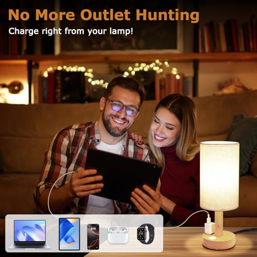 Image of Small Bedside Table Lamp with AC Outlet, Natural Wood Base & Linen Shade, Mini Cute Cozy Warm White Nightstand Boho Lamp, Study Desk Night Stand Light for Bedroom, Kitchen, Nursery, Living Room