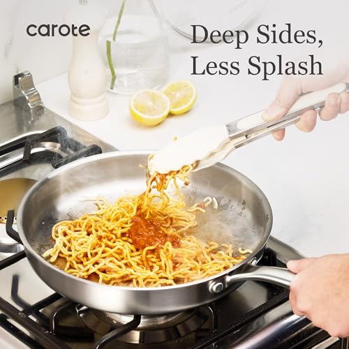 Image of CAROTE 3-Piece Tri-Ply Stainless Steel Frying Pan Set, Skillet Set 8 inch /10 inch /12 inch, Induction Compatible, Oven & Dishwasher Safe, Silver Handle