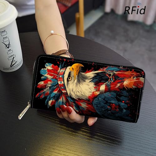 Image of RFID Blocking Leather Wallet for Women - Large Capacity Zip Around Clutch with 8 Card Slots,9 Cash Pockets & Coin Zipper,Bald Eagle Tribe Chief