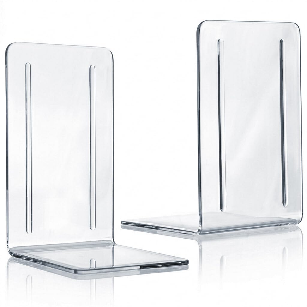 Acrimet Bookends 1 Pair, Clear Plastic Bookends for Shelves or Desktop, Book Holder for Home, Office, Library, School (Clear Crystal Color)