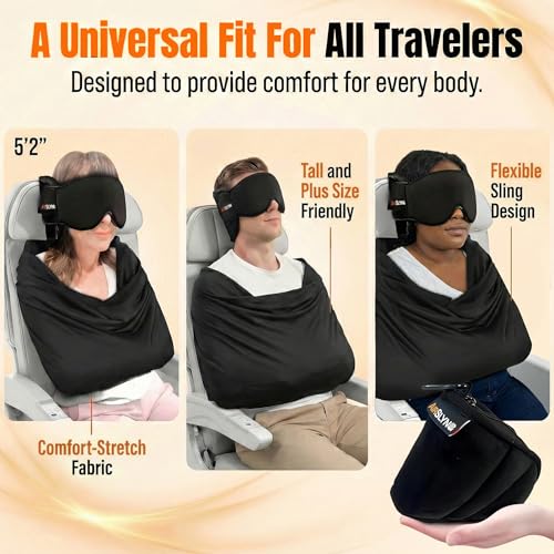 Image of 3-in-1 Airplane Sleep Support System - Integrated Plane Sleeping Accessories with Memory Foam Long Haul Flight Pillow, Adjustable Travel Eye Mask, and Blanket-Like Body Sling - Fits in Carry On