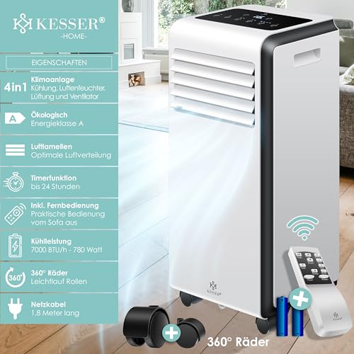 KESSER® Klimaanlage Mobiles Klimagerät 4in1 kühlen | Luftentfeuchter lüften | Ventilator 7000 BTU/h 780W | Mobil Klima mit Montagematerial, Fernbedienung & Timer | Nachtmodus & 360° Rollen – Bild 3