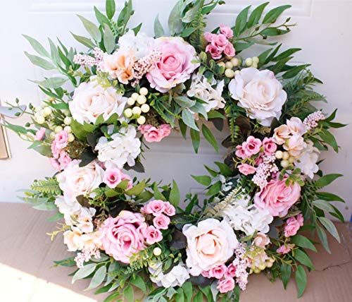 Ansuma 22 Inch Large Artificial Rose Wreath Handmade Floral Wreath With Berry And Green Leaves, Spring Summer Garland Wreath For Front Door Wall Wedding Party Home Decor (Champagne) #TOP3