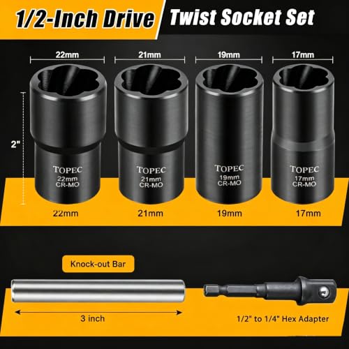 Image of Topec 6PCS Wheel Lock Removal Kit, 1 /2-Inch Drive Lug Nut Removal Tool, 17,19,21,22mm Stripped Lug Nut Remover, Extractor Socket Set for Broken, Damaged, Rounded Bolts