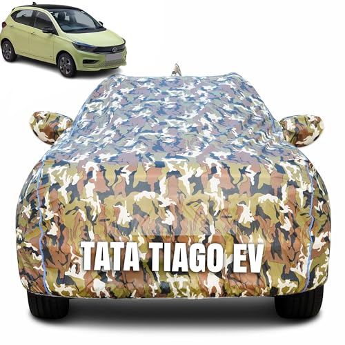 Image of 100% Waterproof Car Body Cover for Tata Tiago EV with Mirror Pocket (Heat & UV Resistant, Triple Stitched, Soft Lining, Bottom Elastic & Piping) Camouflage, Military Print