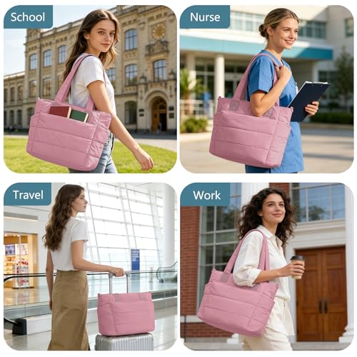 Image of Puffer Tote Bag for Women Quilted Nurse Bag Lightweight Work Bag for Teacher Travel Handbag with Multiple Pockets
