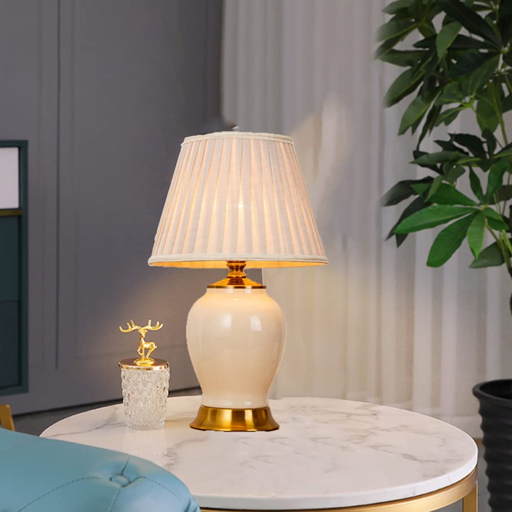 Lampada da Tavolo in Stile Rustico, Attacco E27, in ceramica e Stoffa, Soggiorno e Camera, HxD: 50x30 cm,(Senza Lampadine) (Bianco)