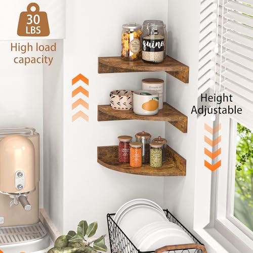 Image of Fun Memories Corner Shelf Wall Mount, Wood Floating Corner Shelves, Corner Wall Shelf for Bedroom, Bathroom, Kitchen, Living Room (Brown, 3 Pack)