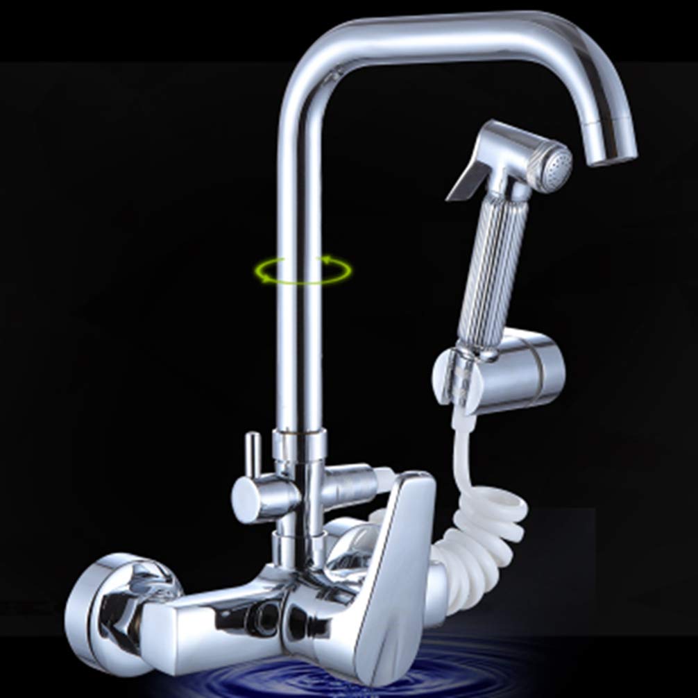 ZYCHSJXA Wall Faucet Kitchen Mixer Three Way Chrome Brass Tap Dual Sprayers Sink Tap,F