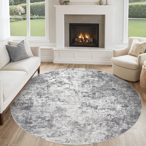 6ft Round Area Rug Living Room Rugs - 6x6 Washable Neutral Modern Abstract Soft Thin Rug Indoor Floor No Slip Rug Carpet for Bedroom Under Dining Table Home Office Decor - Grey