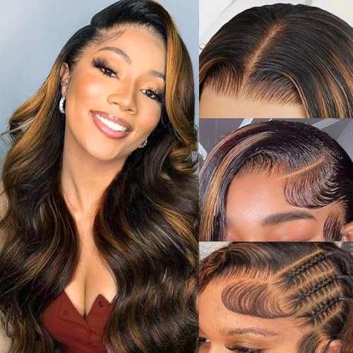 IDHERE 32 inch Highlight Body Wave Lace Front Wigs Human Hair Pre Plucked 180% Density 1B/30 Ombre Frontal Wigs Human Hair 13x4 Transparent Lace Wig Glueless Balayage Wigs for Women