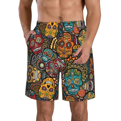 Sugar and Skulls Style Print Men's Swim Trunks | Quick Dry Drawstring Beach Shorts