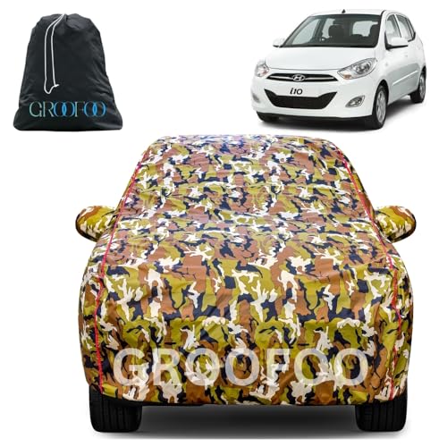 Image of GROOFOO Car Cover Compatible with Hyundai i10 | Camouflage, Waterproof, Dustproof, UV Protection | Military Jungle Design | Custom Fit, Triple Stitched | All Weather Body Cover