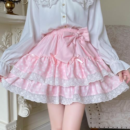 Pokn Sweet Lolita Mini Skirt for Women Bow Cake Skirt High Waist Kawaii Vintage Layered Lace Party A-line Mini Skirts3