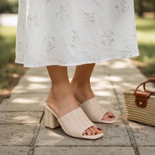 Image of Ancomafio Heeled Sandals for Women，Raffia Sandals 2026 Chunky Heels Square Toe Mules Block Summer Shoes Slip On