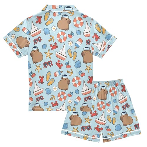 Cartoon Sailor Capybara Summer Satin Pajama Set, Cute Button-Down Sleepwear Pj Set for Sleep Wears2